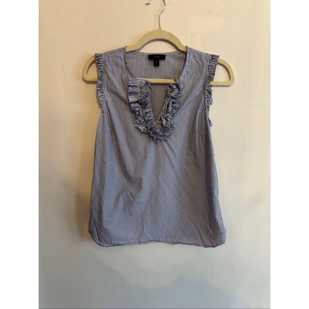 J.Crew Navy White Pinstripe Tank Top 00 XS V Neck Frill Nautical 100% Cotton